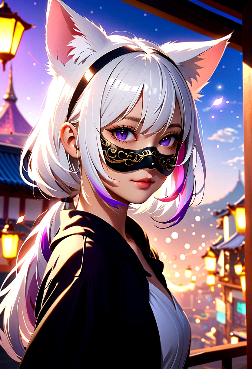 1 Girl, White hair, Colorful hair, Purple Eyes, mask, Side Light, Light Particles, Cat ears