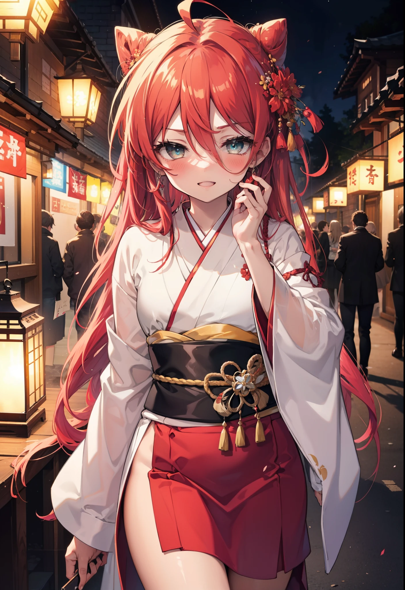 Shana,灼眼のShana,Long Hair, Red hair,Red eyes,Ahoge,smile,blush,Open your mouth,Hair Bun, single Hair Bun,blush,Red Kimono,Thick sleeves,Red long skirt,日本のfestival,夏festivalの屋台,Red lantern,So that the whole body goes into the illustration,Walking, break looking at viewer, Upper Body (Cowboy Shot:1. 5), break outdoors, shrine,festival, break (masterpiece:1.2), Highest quality, High resolution, unity 8k wallpaper, (shape:0.8), (Beautiful and beautiful eyes:1.6), Highly detailed face, Perfect lighting, Highly detailed CG, (Perfect hands, Perfect Anatomy),