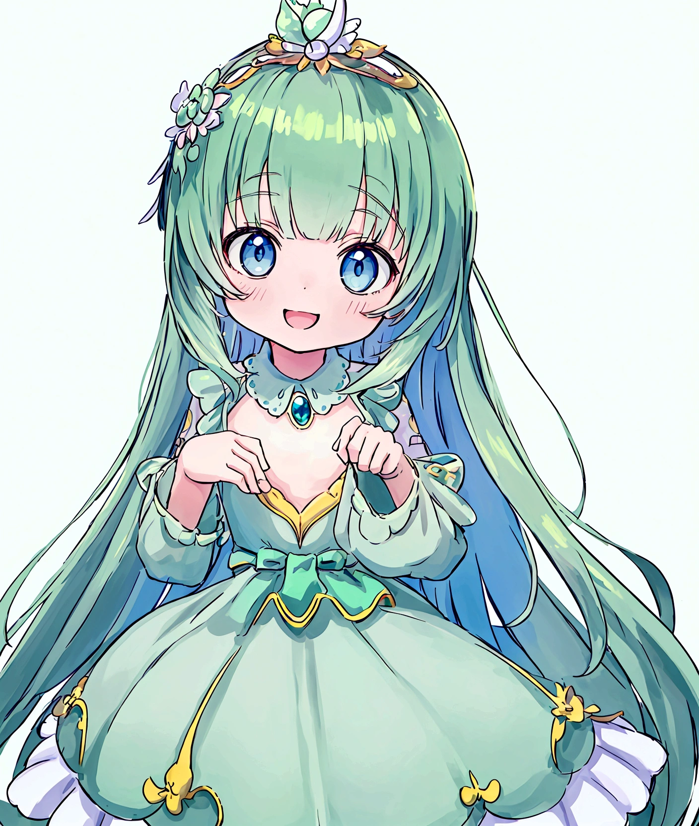 One person、,Baby Face, ((Anime Girls)),　Green body、Light blue long hair、White dress、、Flat chest、Very detailed, ((masterpiece, Highest quality;1.3)) , An innocent smile、laughing、whole body