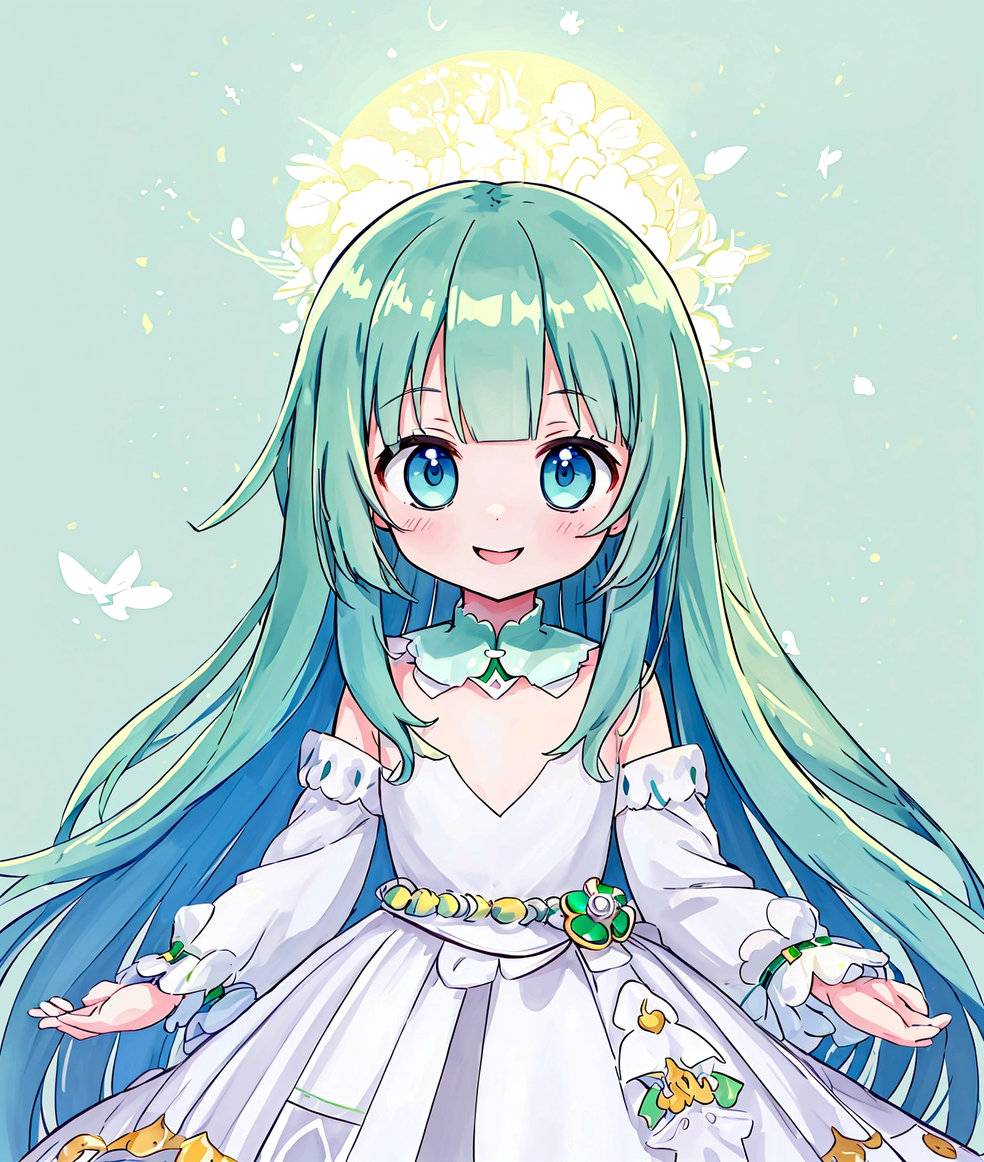 One person、,, ((Anime Girls)),　Green body、Light blue long hair、White dress、、Flat chest、Very detailed, ((masterpiece, Highest quality;1.3)) , An innocent smile、laughing、whole body