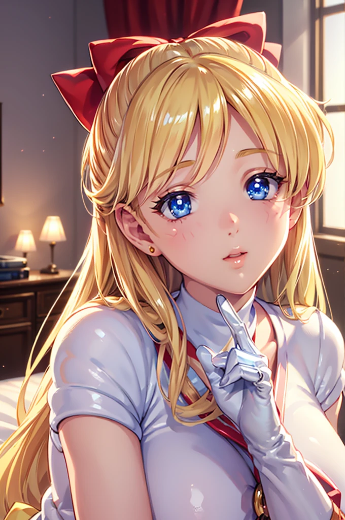 High resolution, A face with attention to detail, Venus 1, 1 Girl, alone, Sailor Venus, aino minako, Blonde, Magical girl, blue eyes, Elbow-length gloves, Hair ribbons, White gloves, Very long hair, jewelry, 超High resolution, Movie angle, Professional Lighting, Highest quality, masterpiece, Side Lighting, sharp, Perfect focus, Bokeh, photoRealistic, (Beautiful, detailed eyes: 1.3), Realistic, (3D Face:1.1), (Shiny skin:1.5), (超High resolution intricate face details), (Facial skin pores:1.3), 超High resolution cloth texture, 8k eye detail, mansion bedroom, In the middle of the night, Moonlight, Sitting on the bed, nude, Huge breasts, Huge nipples, vagina, clitoris, (View your viewers) break (Bust up shot)