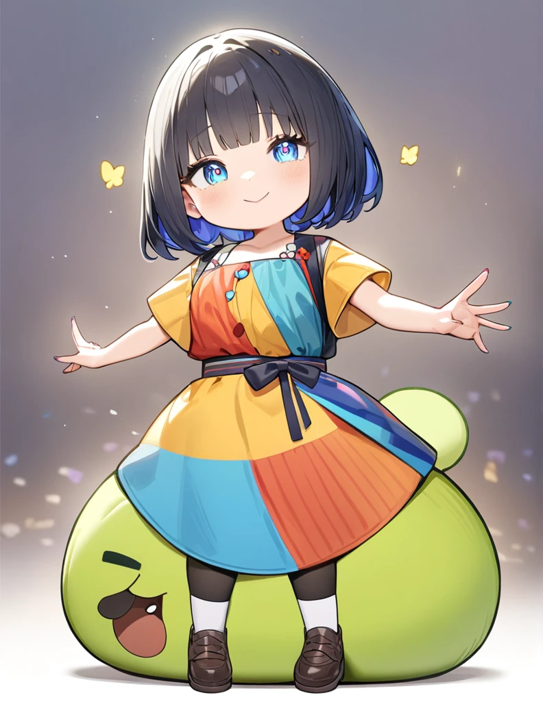(A cute chibi-style girl with black hair. She has large, expressive eyes and a small, round body.),(The blue-haired girl is wearing a colorful outfit and has a cheerful expression on her face.),(The background is simple and light to highlight the character.),(best quality:1.2),(master piece:1.2),(8k),(16k:1.2),(Illustration),(Best Quality:1.2),(Ultra-detailed:1.2),(top-quality:1.2),(masterpiece:1.2)