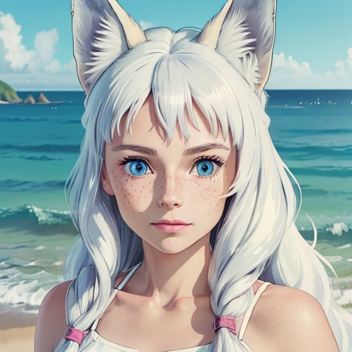 (best quality,4k,8k,highres,masterpiece:1.2), ultra-detailed, realistic:1.37, young solo girl, detailed blue eyes, fox ears,fox tail, freckles, cute, white hair, long wavy hair, portrait, vibrant colors, soft lighting, on the beach, wearing a swimsuit