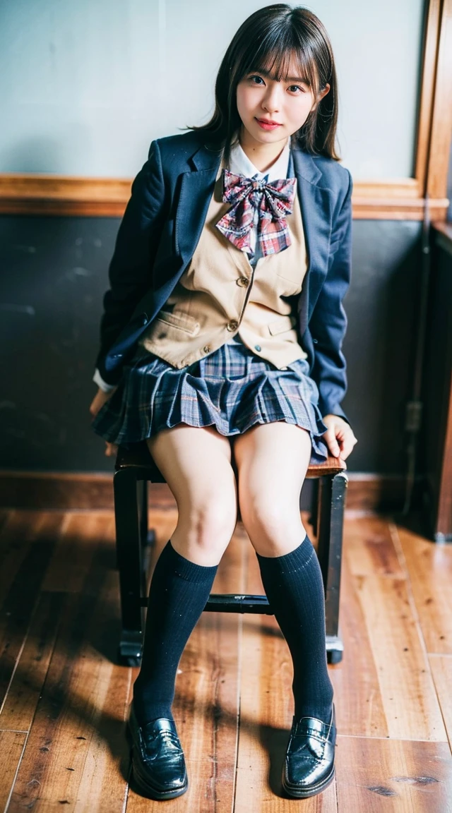 (8K、RAW Photos、Highest quality、masterpiece:1.2)、(Realistic、Photorealistic)、1 Girl、((Checked mini skirt、Loafer Uniform、Dark blue socks、blazer、Big Breasts、classroom、I sat on a chair、Viewed from the front、Stand with your feet apart、))、Lots of eyelashes、Add shine to your eyelids、skeletally correct