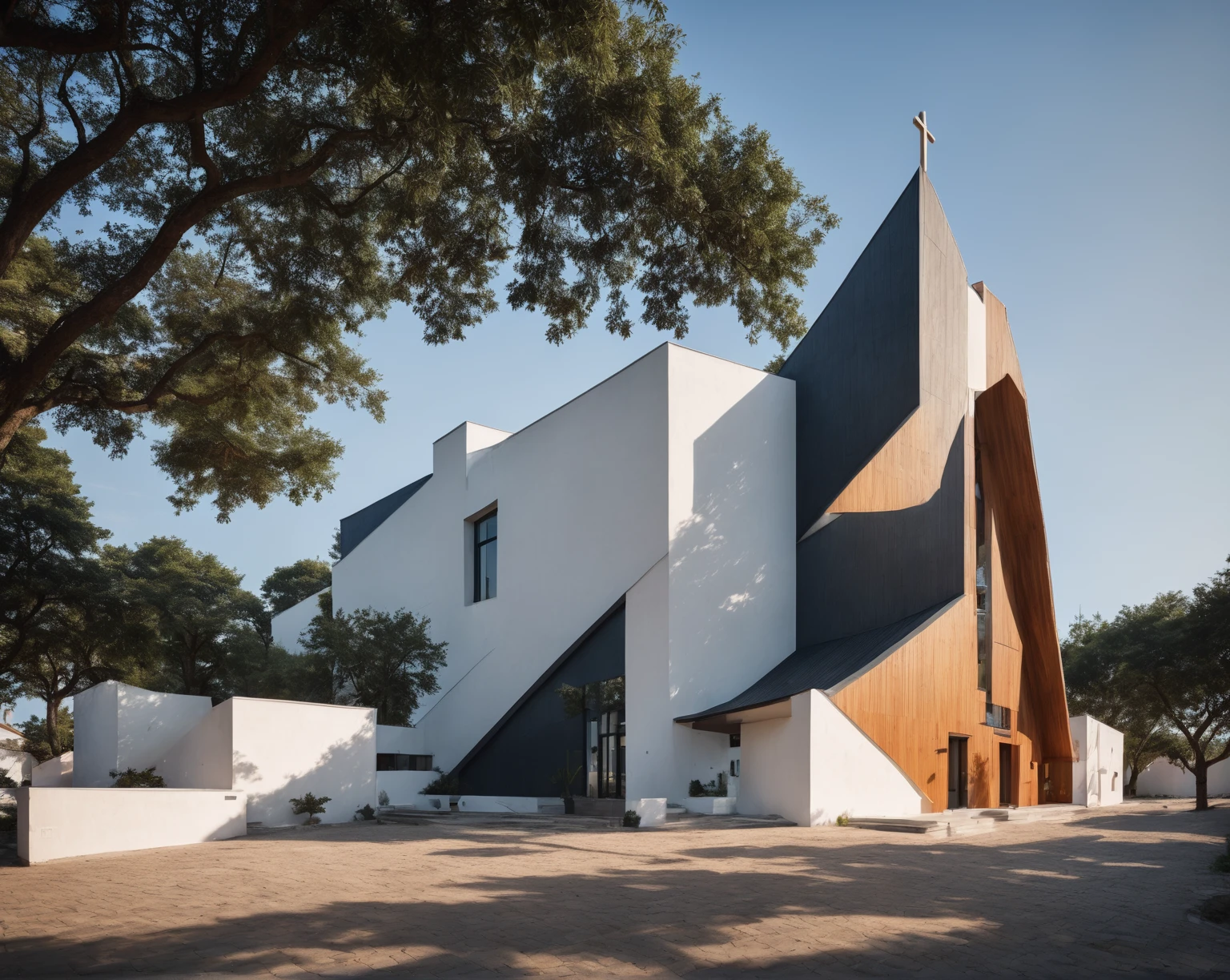 raw photo, best quality, ultra realistic, masterpiece, best quality skin, photography hd, dslr,
tcs, httlvn, modern church, road, people, house, facade design, outdoors, church, white walls, cross on top, 
Dusk, sunshine, 
View from a tree, dof view, 