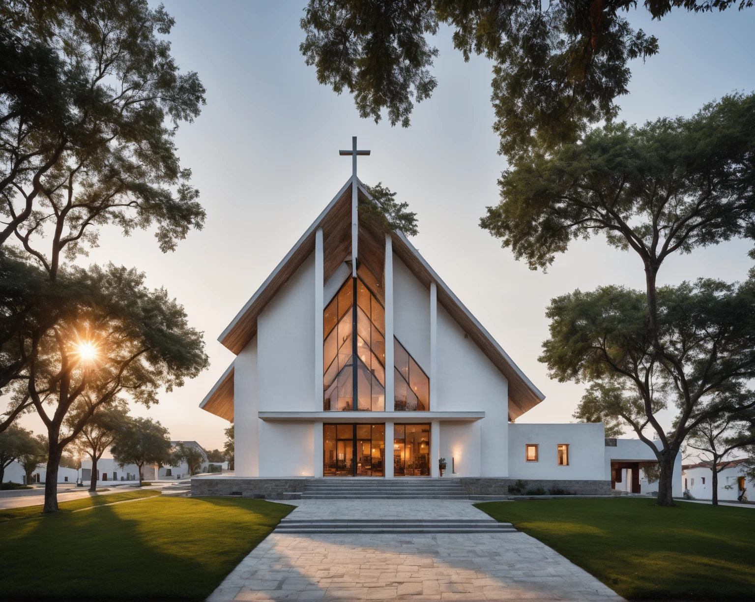 raw photo, best quality, ultra realistic, masterpiece, best quality skin, photography hd, dslr,
tcs, httlvn, modern church, road, people, house, facade design, outdoors, church, white walls, cross on top, 
Dusk, sunshine, 
View from a tree, dof view, 