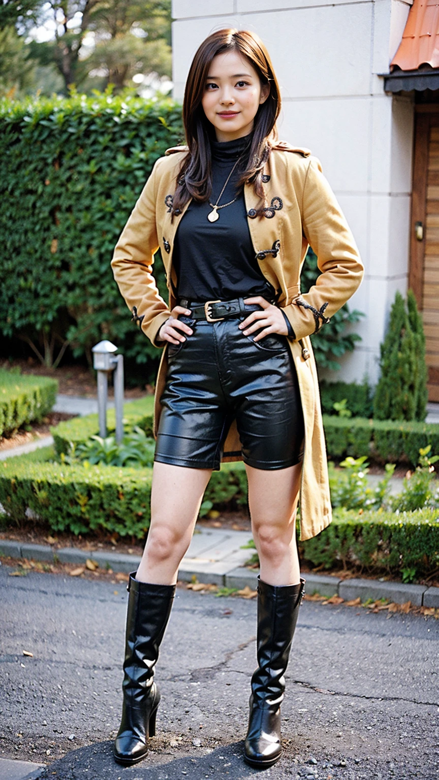 (8K、RAW Photos、Highest quality、masterpiece:1.2)、(Realistic、Realistic)、1 Girl、((Yellow long coat、Black shorts、smile、Thin legs、whole body、boots、one piece、garden、View from the front、Looking into the camera、belt、Stand with hands on hips))、cute