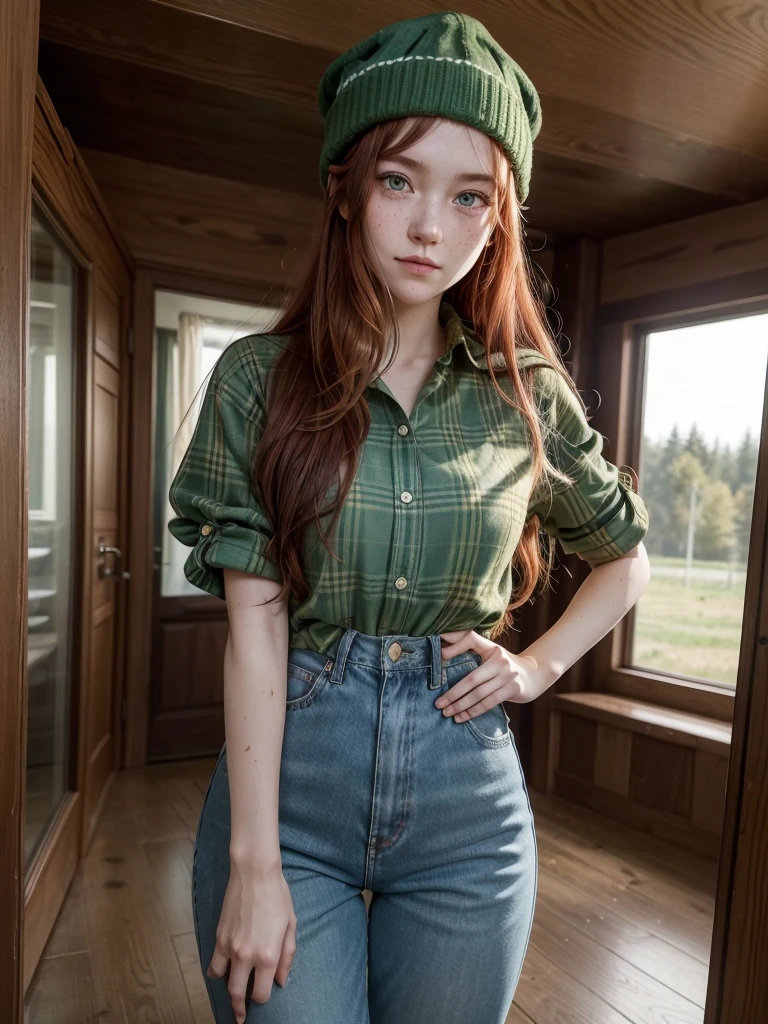 Wendy is a tall ager for her age, thin and attractive with a smug expression on her face. She has green eyes and fair skin and some freckles on her face. Wendy has long red hair that reaches her hips, she is always wearing a green plaid blouse, dark blue pants, and muddy boots with a brown lumberjack hat.