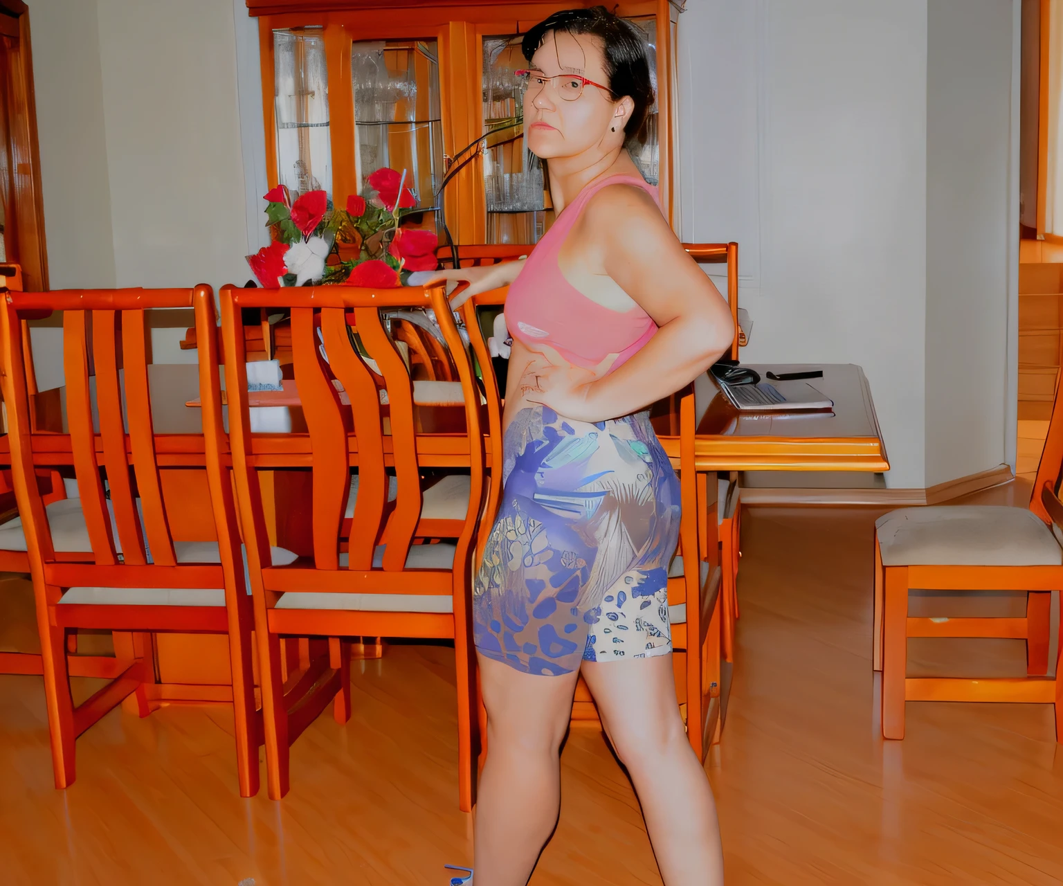 there is a woman standing in a room with a table and chairs, side shot, the extremely hot and sexy, from side, side pose, side portrait, full length view, full body length shot, looking from side, side profile shot, looking from side!, view from the back, side view, shot from the side, full body wide shot, from the side