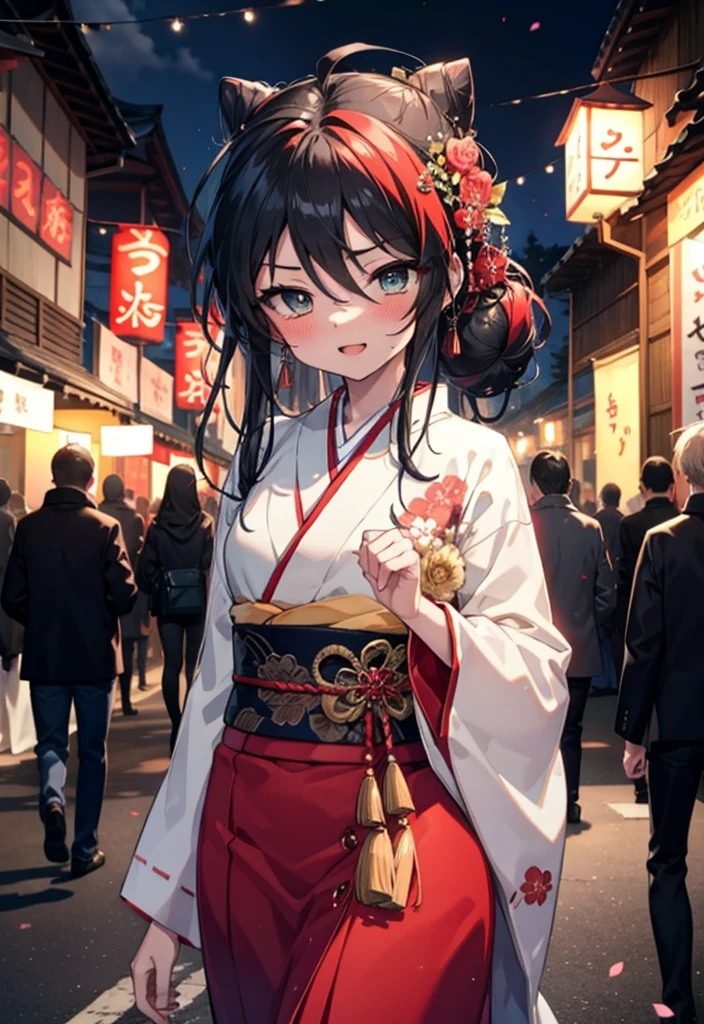 Shana,灼眼のShana,Long Hair, Red hair,Red eyes,Ahoge,smile,blush,Open your mouth,Hair Bun, single Hair Bun,blush,Red Kimono,Thick sleeves,Red long skirt,日本のfestival,夏festivalの屋台,Red lantern,So that the whole body goes into the illustration,Walking,　　　　　　　　　　　  break looking at viewer, Upper Body (Cowboy Shot:1. 5),  　　　　　　　　　　　　　　　　　　break outdoors, shrine,festival, 　　　　　　　　　　　　　break (masterpiece:1.2), Highest quality, High resolution, unity 8k wallpaper, (shape:0.8), (Beautiful and beautiful eyes:1.6), Highly detailed face, Perfect lighting, Highly detailed CG, (Perfect hands, Perfect Anatomy),