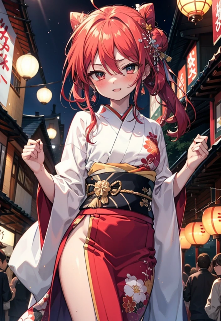 Shana,灼眼のShana,Long Hair, Red hair,Red eyes,Ahoge,smile,blush,Open your mouth,Hair Bun, single Hair Bun,blush,Red Kimono,Thick sleeves,Red long skirt,日本のfestival,夏festivalの屋台,Red lantern,So that the whole body goes into the illustration,Walking,　　　　　　　　　　　  break looking at viewer, Upper Body (Cowboy Shot:1. 5),  　　　　　　　　　　　　　　　　　　break outdoors, shrine,festival, 　　　　　　　　　　　　　break (masterpiece:1.2), Highest quality, High resolution, unity 8k wallpaper, (shape:0.8), (Beautiful and beautiful eyes:1.6), Highly detailed face, Perfect lighting, Highly detailed CG, (Perfect hands, Perfect Anatomy),