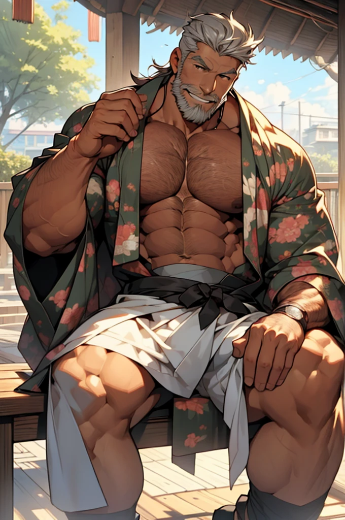 Middle-aged men，0s)，Bristles，chest hair，Masculine face，Long Hair，half up hair，Slightly tanned skin，kimono，Open the chest，Muscular，burly，(best quality)，(8K)，((extremely detailed))，masterpiece，(ultra quality)，(beautiful right)，smile，((alone))，((high quality face))，((face close up))，bring the camera closer，((((high resolution))))，(Middle Age)，gray hair，Sit on the veranda