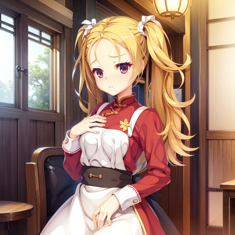 A small girl, seductive, ((forehead to show)), attractive, sexy eyes, red coat, blonde hair, twintail, delicate, young, long hair, detailed face, high definition, full body, chinese maid outfit, dead face, cafe, hands behind back