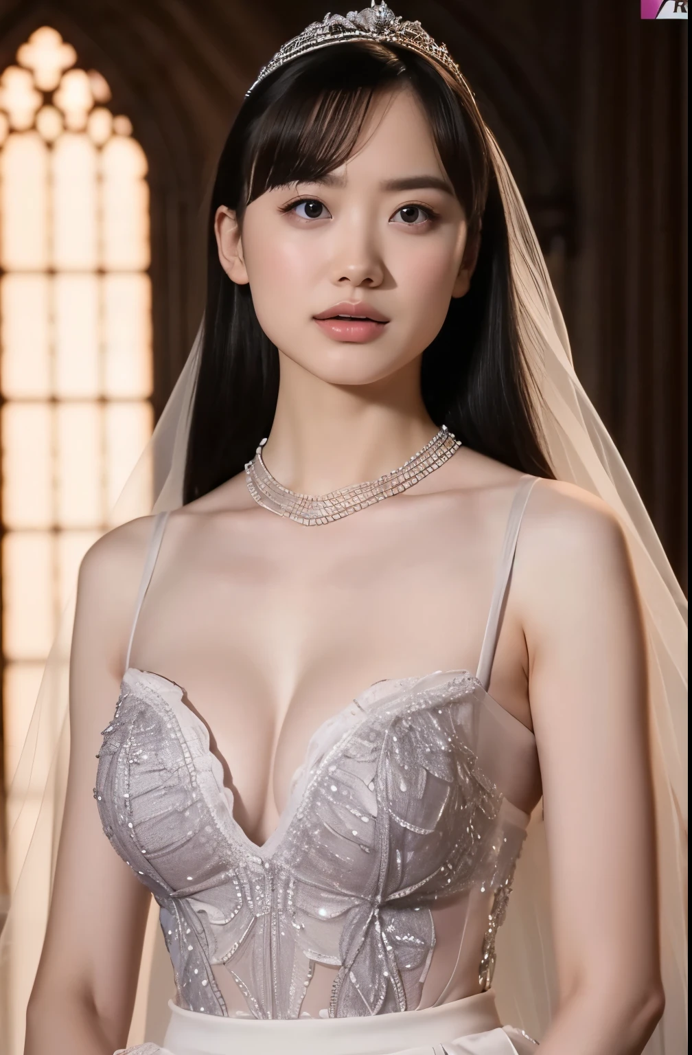 Naked,Full body like," Figure, Bride's outfit without shoulder straps,Small silver tiara,Colossal tits,sloppy and droopy breasts, heavy breasts almost exposed ,Fully visible bust,Sheer princess skirt,Wedding in the church,There is a large crowd of participants behind you, the perfect body, (Best Quality, 4K, 8K, High resolution, masutepiece:1.2), Ultra-detailed, (Realistic, Photorealistic, Photorealsitic:1.37), royal, Captivating, (Vibrant colors, sharp chest:1.1), Soft lighting", transparent dress. micro pantie. deep breasts cleavage. transparent fishnet bra. navel exposed. thin waist.