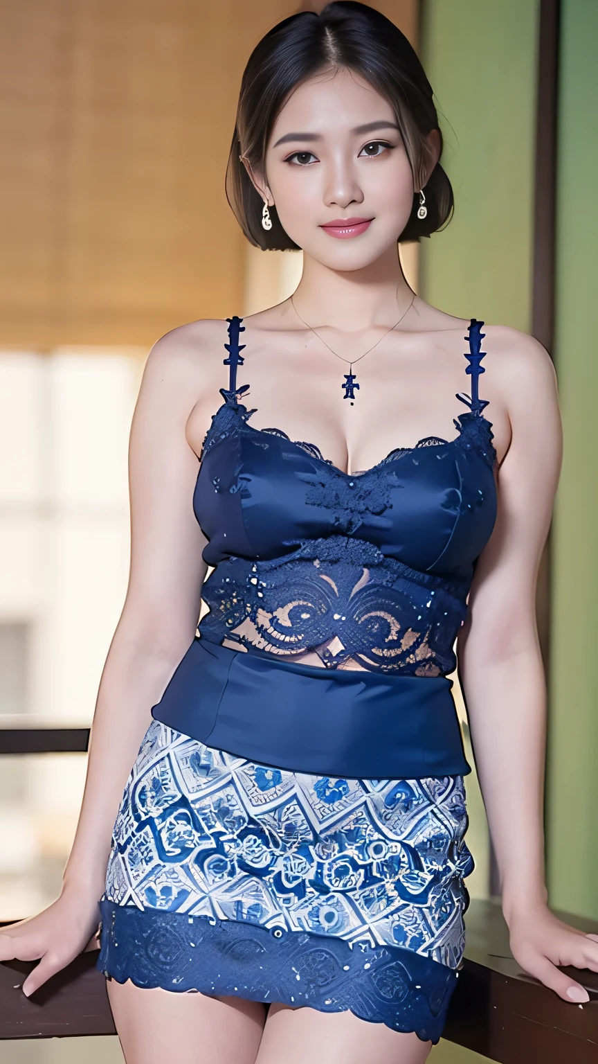 (realistic:1.3), A beauty girl with tattoos on body, beautiful art tattoo detailed, ((text tattoo on her legs: Me)), detailed beautiful eyes, big breate chubby, baby face, insane det quality, (masterpiece:1.2), (photorealistic:1.2), (best quality), (detailed skin:1.3), (intricate details), ray tracing, ((half body)), (((1girl))), (((1 person))), 20 years old, short hair, smile, blue dress, skirt with pattern, color contrast between the dresnd the skirt, skirt pattern, earrings, necklace, Javanese ornament, (blurred background)