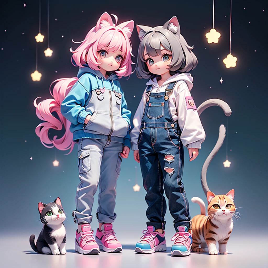 ((Highest quality，masterpiece，Q-version full body portrait of a brown-eyed mature beauty，gray blue cat ears，Air bangs，Blue gray super long hair tail curls，Gray pink underwear，Light blue denim gray hooded jacket，Black and gray overalls wide trousers，Pink and white sneakers，and a cute light brown bantam cat))，Starry sky background