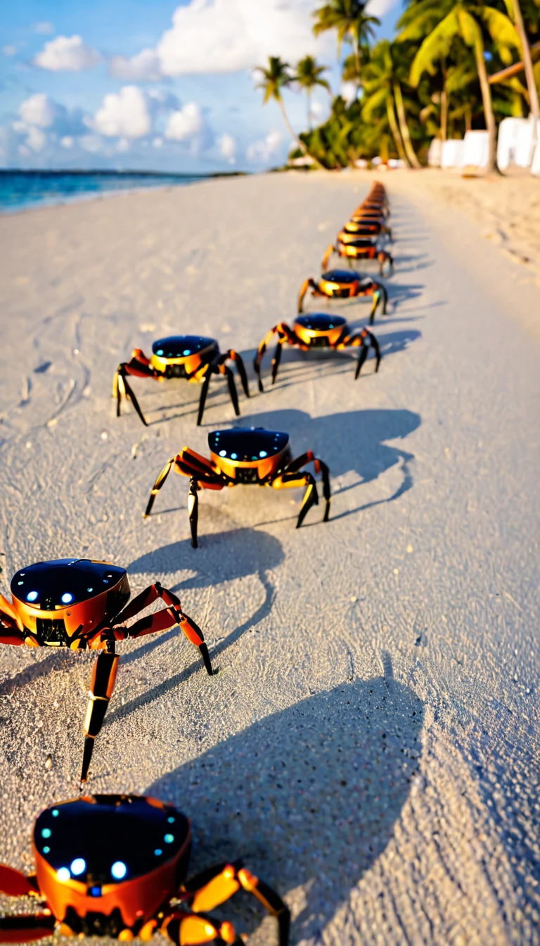 A line of robot crabs on the beach