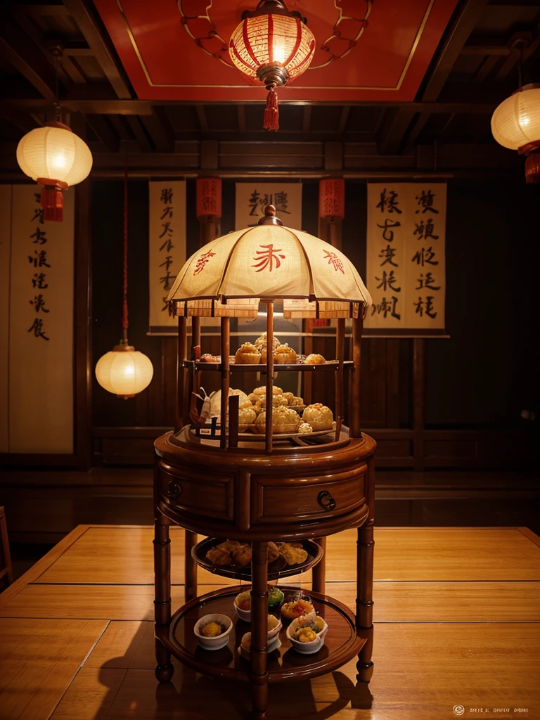 A bamboo steamer filled with an assortment of dim sum, including dumplings, buns, and rolls, is the centerpiece. The backdrop features a bustling Chinese tea house with red lanterns and traditional décor. The tagline reads, "GOOD MORNING: AH SHENG LAO PAN The Art of Chinese Dim Sum." food is magnificent and delicious. Crafted with the precision of 8K photography, expert studio lighting, and a clear studio background.