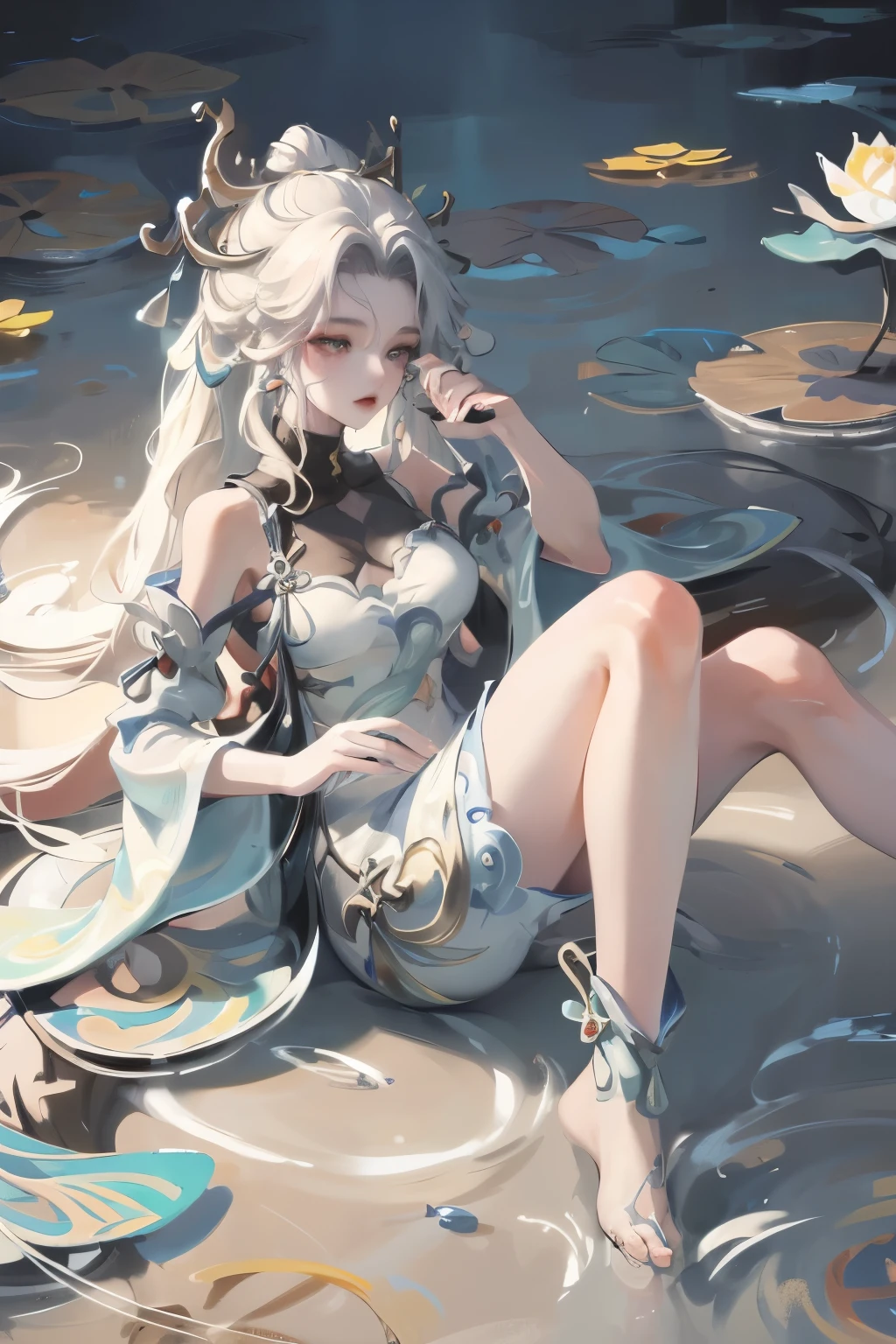 absurd, high resolution, Extremely detailed, (1 Girl:1.3), Hand Painted, Simple lines, 16-year-old girl wearing colorful Chinese Hanfu, Sexy fox ears girl, By the lotus pond, masterpiece, sitting in water, Floating clothes, Flowing hair