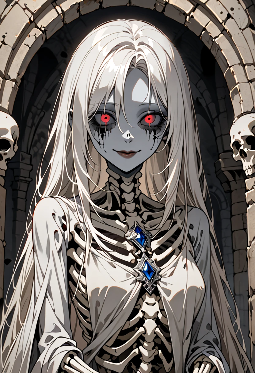 solo, female, grey skin, long white hair, silver brooch, dry body:1.2, empty eye sockets:1.5, decayed body, SFW, smile, curtsey pose, dressed in rags, graceful, ancient, crypt, close up, her skeleton is visible through her skin, gore, lips