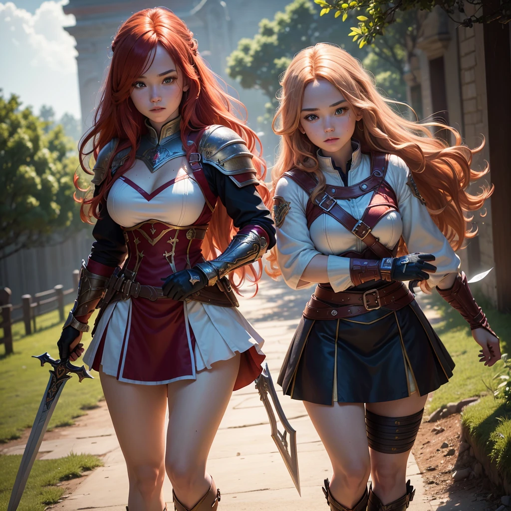 A beautiful redheaded twin girls, long wavy hair,  build, full body, warrior outfit with sword and shield, (best quality,4k,8k,highres,masterpiece:1.2),ultra-detailed,(realistic,photorealistic,photo-realistic:1.37),HDR,UHD,studio lighting,ultra-fine painting,sharp focus,physically-based rendering,extreme detail description,professional,vivid colors,bokeh,fantasy,epic,dramatic,cinematic lighting