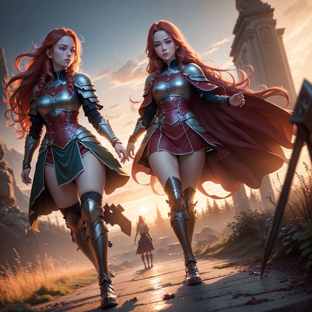 A beautiful redheaded twin girls, long wavy hair,  build, full body, warrior outfit with sword and shield, (best quality,4k,8k,highres,masterpiece:1.2),ultra-detailed,(realistic,photorealistic,photo-realistic:1.37),HDR,UHD,studio lighting,ultra-fine painting,sharp focus,physically-based rendering,extreme detail description,professional,vivid colors,bokeh,fantasy,epic,dramatic,cinematic lighting