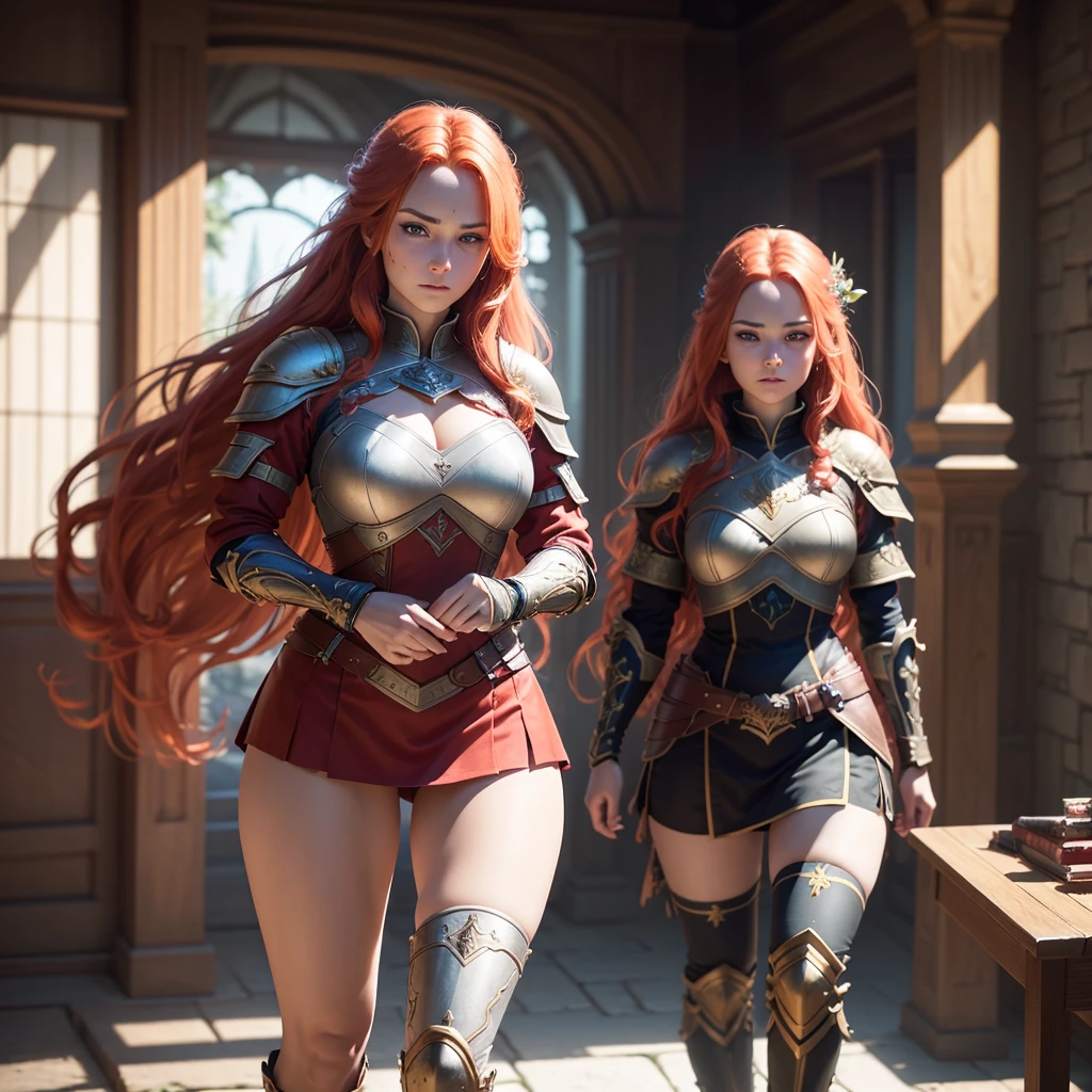A beautiful redheaded twin girls, long wavy hair, build, full body, warrior outfit with sword and shield, (best quality,4k,8k,highres,masterpiece:1.2),ultra-detailed,(realistic,photorealistic,photo-realistic:1.37),HDR,UHD,studio lighting,ultra-fine painting,sharp focus,physically-based rendering,extreme detail description,professional,vivid colors,bokeh,fantasy,epic,dramatic,cinematic lighting