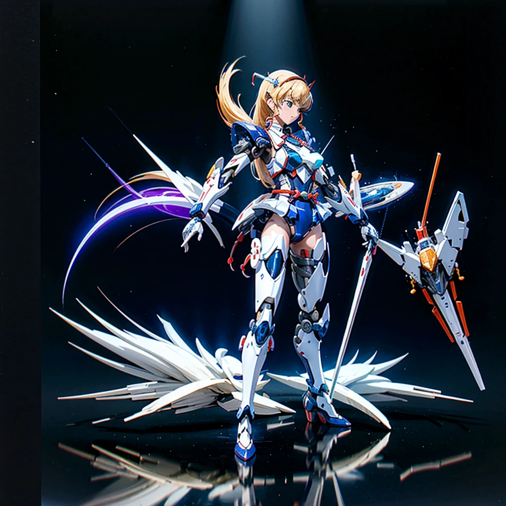 masterpiece, high quality, Heian Sumire, who has been turned into a mechanical body cyborg、Gynoid cyborg body modification surgery、Blue and white leotard armor、独奏、Single image、from front, full body、Mechabare、Sexual processing type mechanized genitals、Black background