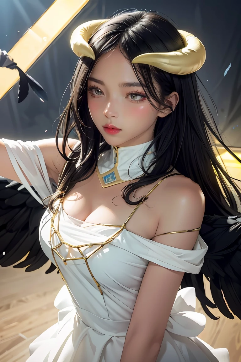 Masterpiece, Best quality, Ultra-detailed, illustration, epic lighting, Cinematic composition, isometry,(hexagons:1.2), 1girll, Horns, Solo, Yellow eyes, Black hair, Long hair, (Low wing:1.2), Large cleavage, Bare shoulders, hair between eye, Medium breasts, (White dress:1.1), Golden decoration, Detached collar, view the viewer, Semi-closed Eyes, (view the viewer:1.1), parted lip, Blush, Black feathers fall, Arena, particle fx, (8K:1.1)