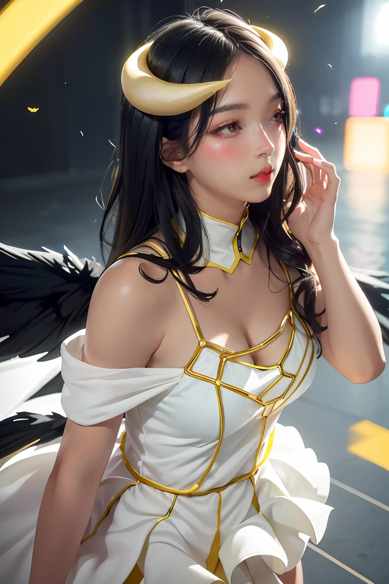 Masterpiece, Best quality, Ultra-detailed, illustration, epic lighting, Cinematic composition, isometry,(hexagons:1.2), 1girll, Horns, Solo, Yellow eyes, Black hair, Long hair, (Low wing:1.2), Large cleavage, Bare shoulders, hair between eye, Medium breasts, (White dress:1.1), Golden decoration, Detached collar, view the viewer, Semi-closed Eyes, (view the viewer:1.1), parted lip, Blush, Black feathers fall, Arena, particle fx, (8K:1.1)