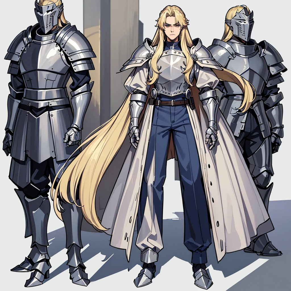 (Full body character concept)、((((Solo))))、Highest quality, Best Quality, Best illustrations, (((Grey Armor)))、(((Blond long hair man、Long-haired man、male、24-years-old、Cool guy)))、(Medieval Knight)、(Navy blue trousers)、True Face、(get annoyed)、(Living in the desert)、(White background)、walk