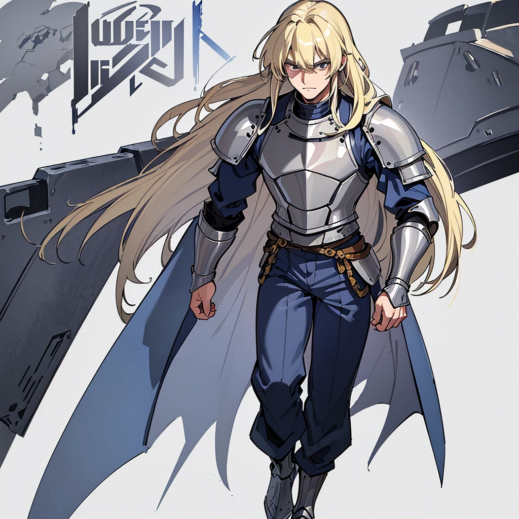 (Full body character concept)、((((Solo))))、Highest quality, Best Quality, Best illustrations, (((Grey Armor)))、(((Blond long hair man、Long-haired man、male、24-years-old、Cool guy)))、(Medieval Knight)、(Navy blue trousers)、(get annoyed、Clench your teeth)、(Living in the desert)、(White background)、Run、Dramatic Angle、(From the side)