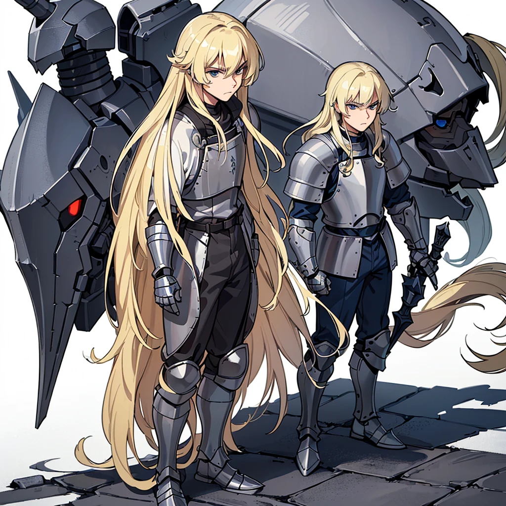 (Full body character concept)、((((Solo))))、Highest quality, Best Quality, Best illustrations, (((Grey Armor)))、(((Blond long hair man、Long-haired man、male、24-years-old、Cool guy)))、(Medieval Knight)、(Navy blue trousers)、True Face、(get annoyed)、(Living in the desert)、(White background)、walk