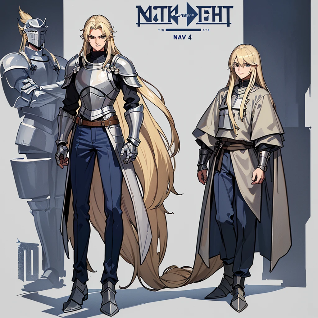 (Full body character concept)、((((Solo))))、Highest quality, Best Quality, Best illustrations, (((Grey Armor)))、(((Blond long hair man、Long-haired man、male、24-years-old、Cool guy)))、(Medieval Knight)、(Navy blue trousers)、True Face、(get annoyed)、(Living in the desert)、(White background)、walk