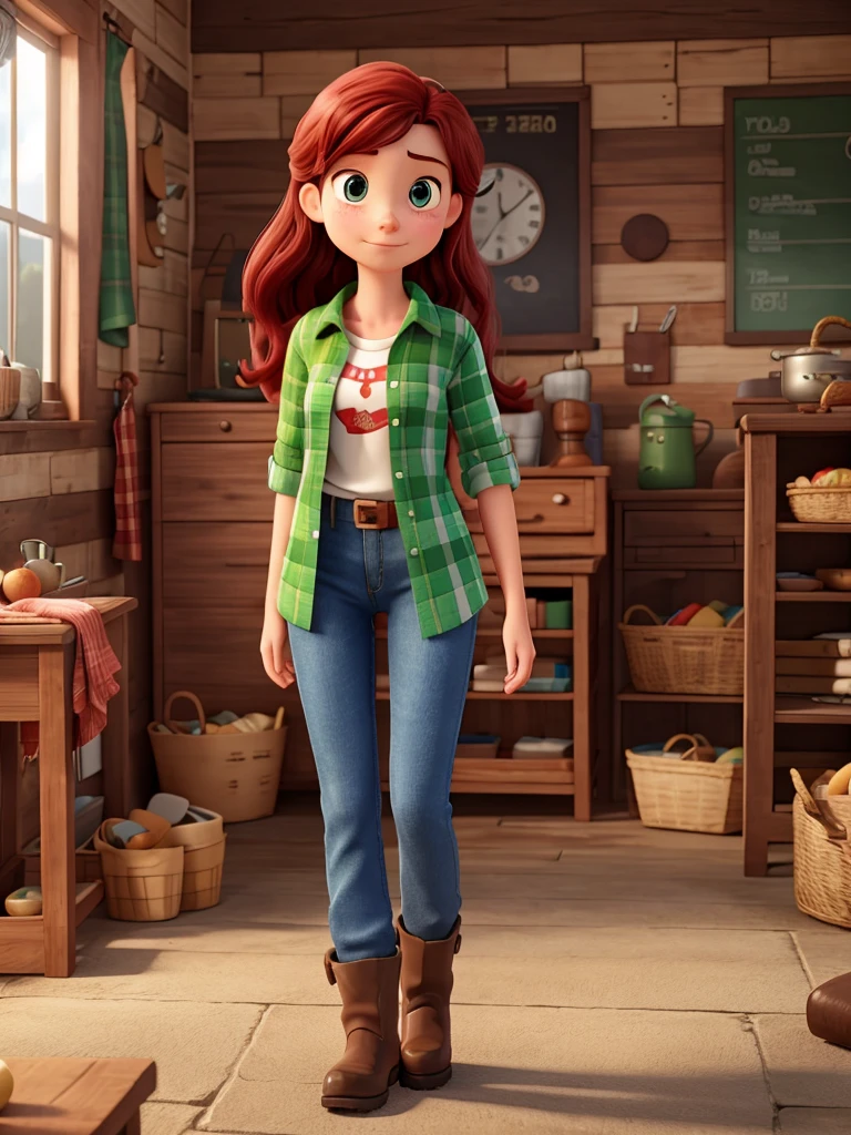 Wendy is a tall teenager for her age, thin and attractive with a smug expression on her face. She has green eyes and fair skin and some freckles on her face. Wendy has long red hair that reaches her hips, she is always wearing a green plaid blouse, dark blue pants, and muddy boots with a brown lumberjack hat.