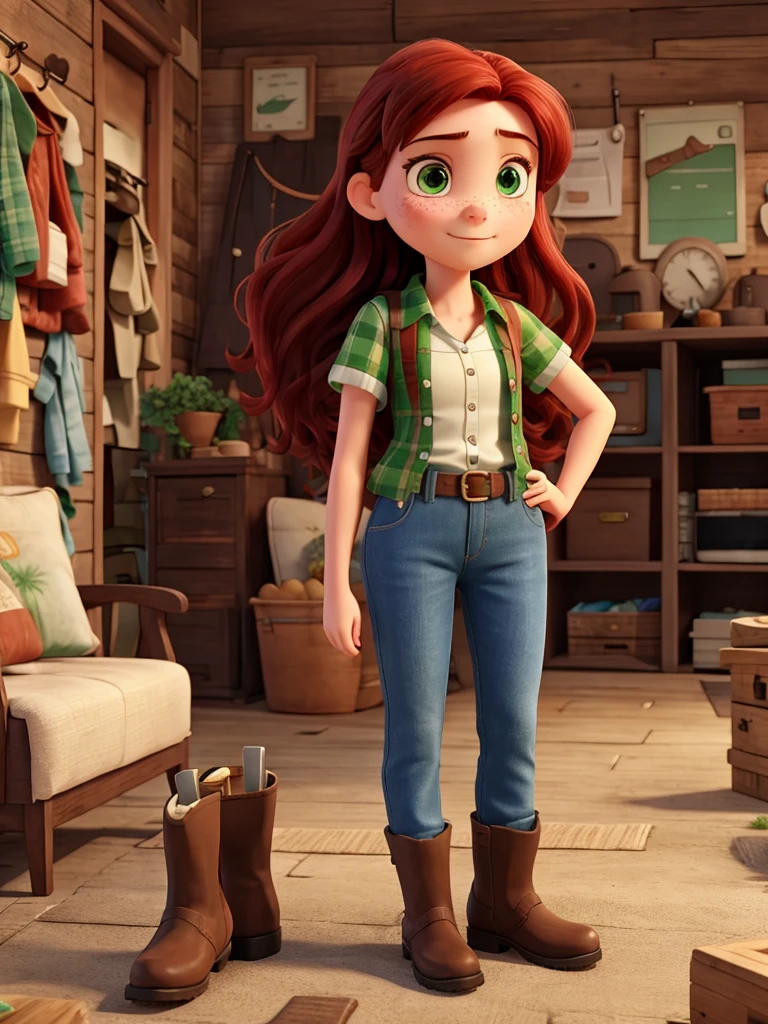 Wendy is a tall ager for her age, thin and attractive with a smug expression on her face. She has green eyes and fair skin and some freckles on her face. Wendy has long red hair that reaches her hips, she is always wearing a green plaid blouse, dark blue pants, and muddy boots with a brown lumberjack hat.