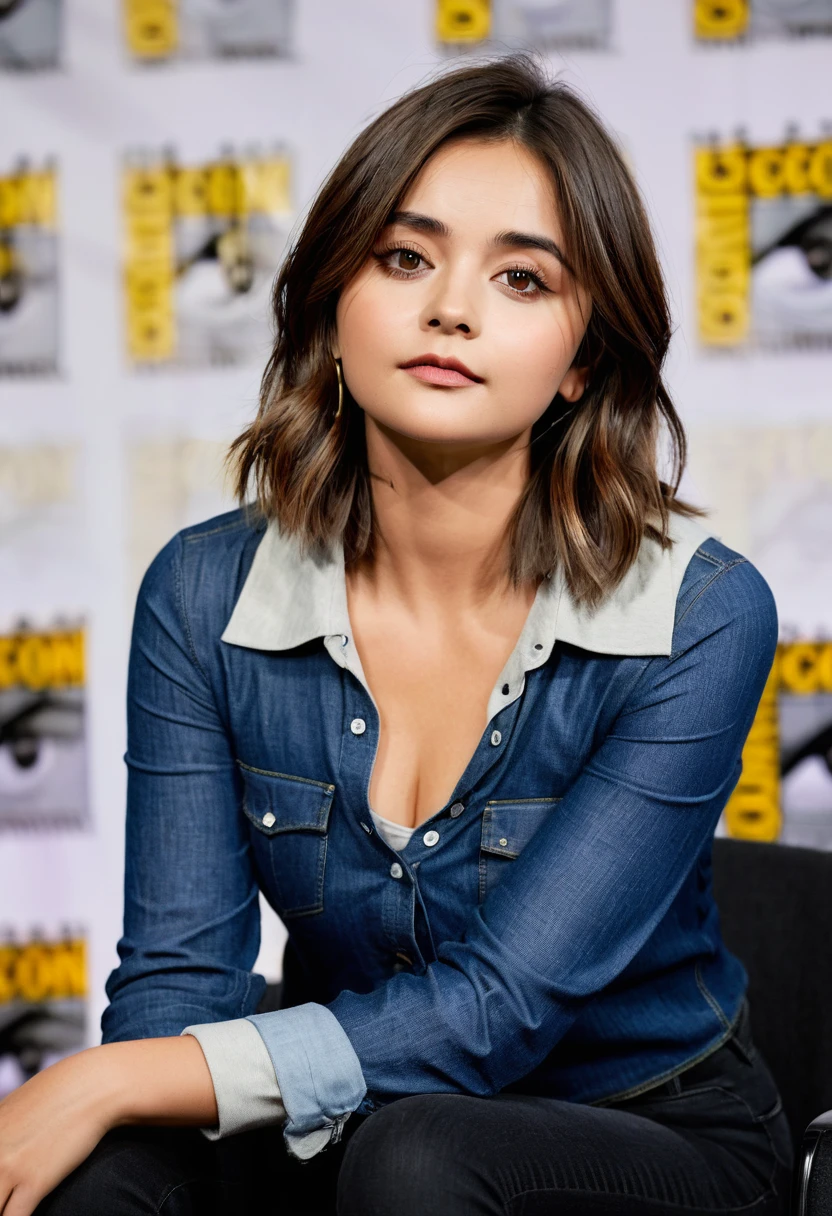 photo of Jenna Coleman sitting at a panel at comic-con, (wearing jeans and a tight shirt),(cleavage), extremely high quality RAW photograph, detailed background, intricate, Exquisite details and textures, highly detailed, ultra detailed photograph, warm lighting, artstation, 4k, sharp focus, high resolution, detailed skin, detailed eyes, 8k uhd, dslr, high quality, film grain, Fujifilm XT3,