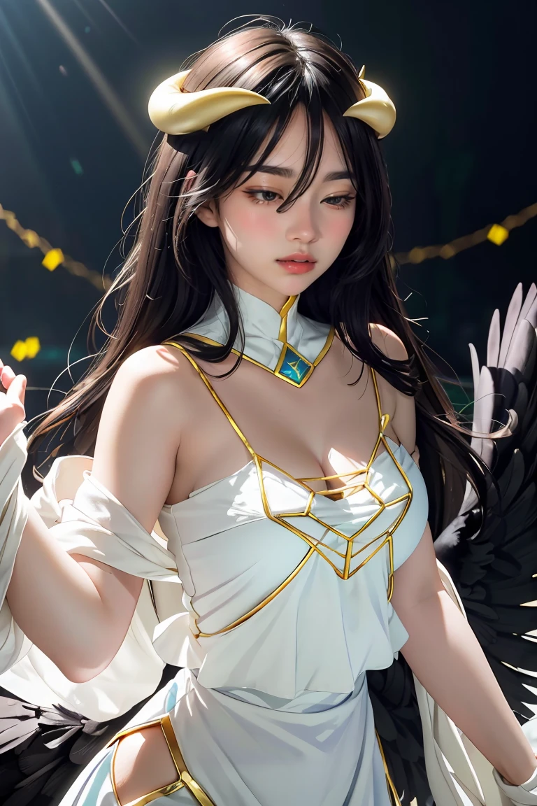 Masterpiece, Best quality, Ultra-detailed, illustration, epic lighting, Cinematic composition, isometry,(hexagons:1.2), 1girll, Horns, Solo, Yellow eyes, Black hair, Long hair, (Low wing:1.2), Large cleavage, Bare shoulders, hair between eye, Medium breasts, (White dress:1.1), Golden decoration, Detached collar, view the viewer, Semi-closed Eyes, (view the viewer:1.1), parted lip, Blush, Black feathers fall, Arena, particle fx, (8K:1.1)