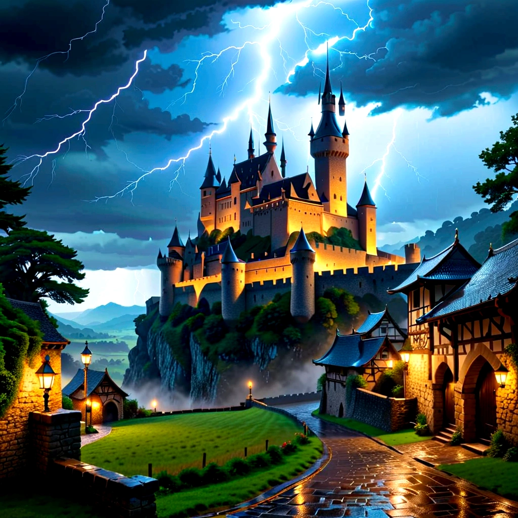 (Late afternoon):0.9, (Dense atmosphere):0.8, (Feeling cold):0.7, (castle):1.2, (middle Ages):1.1, (storm):1.4, (lightning):1.3, (rain):1.2, (细rain):1.2, (Detailed 8k):1.5.