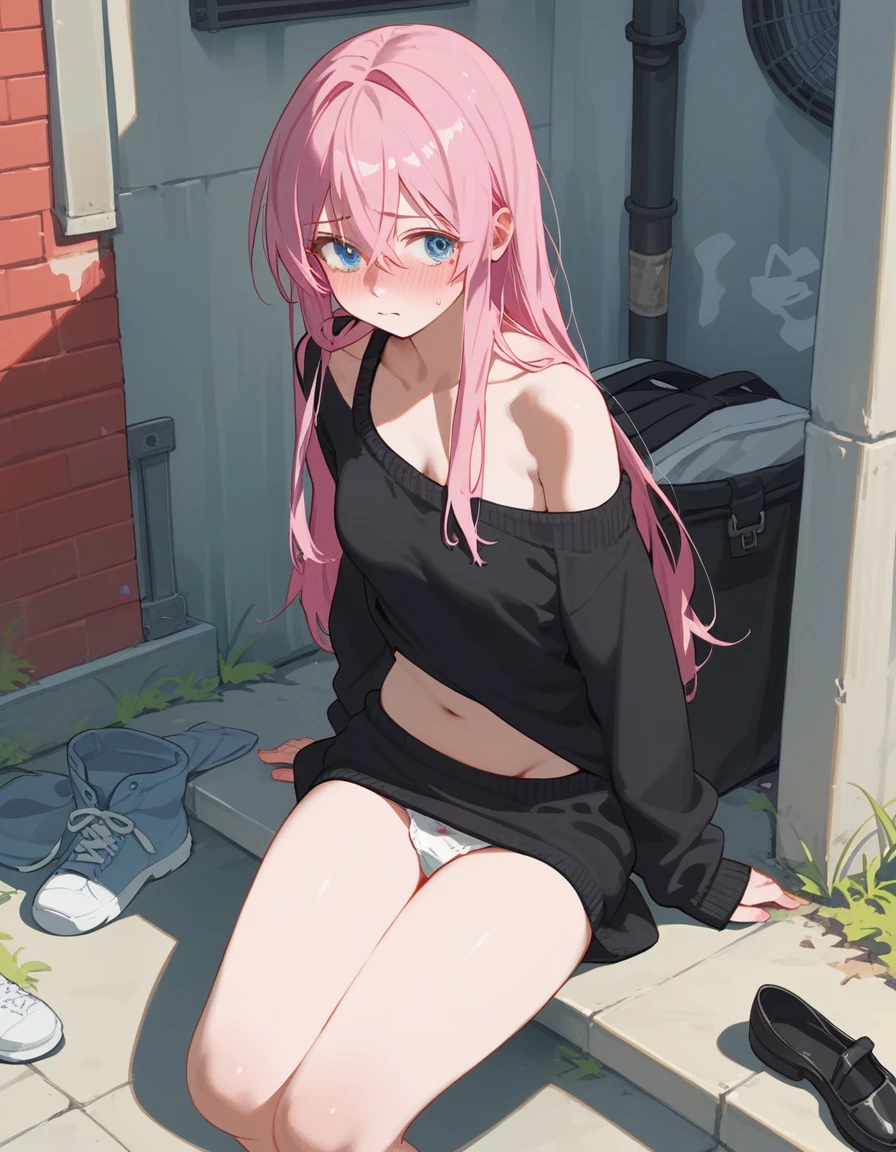 girl, Shikimori-san, Pink Hair, Long Hair, blue eyes, Hair between the eyes, bangs, blush, compensate,A little embarrassing,chest, Black sweater, Bare shoulders, No sleeve, skirt, View your viewers,Bare Belly,Sit with your feet together,masterpiece, Highest quality,nsfw,Alley,Undressing,Undressing,In underwear,