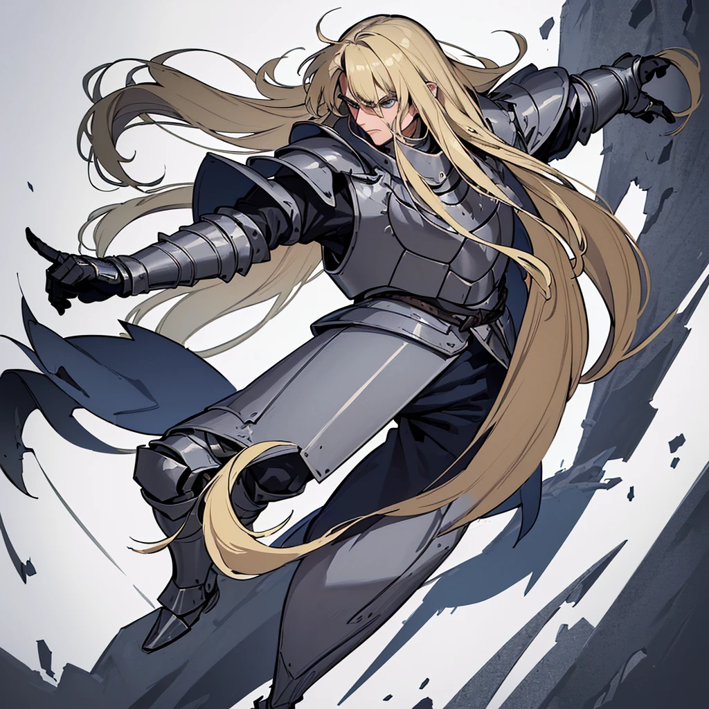(Full body character concept)、((((Solo))))、Highest quality, Best Quality, Best illustrations, (((Grey Armor)))、(((Blond long hair man、Long-haired man、male、24-years-old、Cool guy)))、(Medieval Knight)、(Navy blue trousers)、(get annoyed)、(Living in the desert)、(White background)、(Fighting stance)、Movement angle、(behindから、behind)