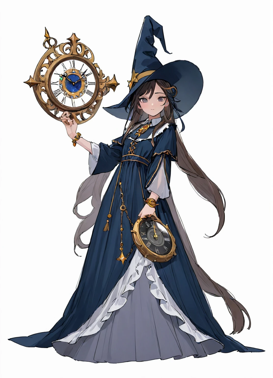 Close-up of a woman in a dress and hat holding a watch, Beautiful Celestial Magician, portrait of a Female Wizard, Female Wizard, Mechanized Witch&#39;s Little Wizard!, Female Wizard, dark witch character, magician magic witch, Black-haired wizard, Dark Sorceress Full View, Astral Witch Outfit, Dark magician full body pose