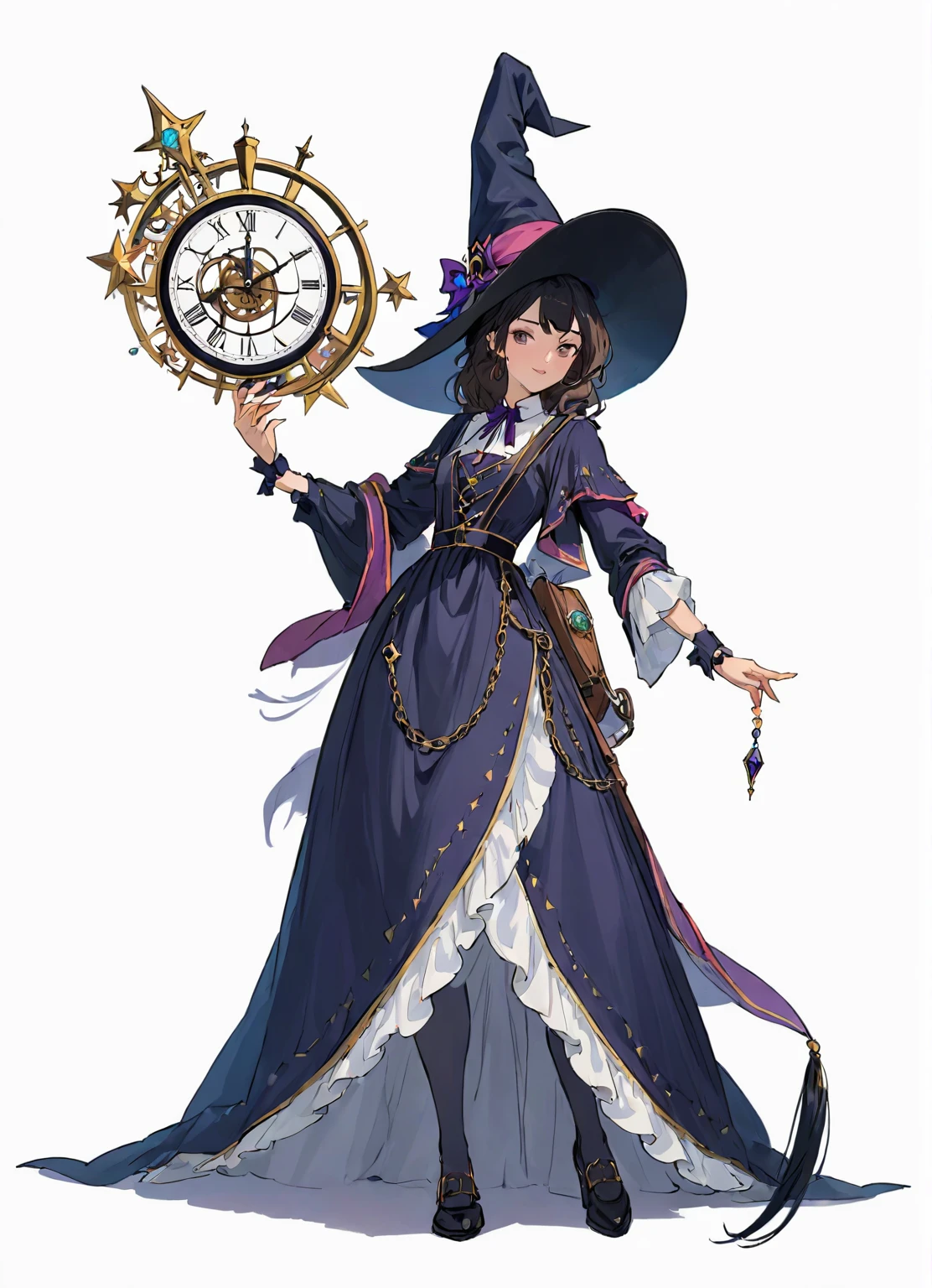 Close-up of a woman in a dress and hat holding a watch, Beautiful Celestial Magician, portrait of a Female Wizard, Female Wizard, Mechanized Witch's Little Wizard!, Female Wizard, dark witch character, magician magic witch, Black-haired wizard, Dark Sorceress Full View, Astral Witch Outfit, Dark magician full body pose