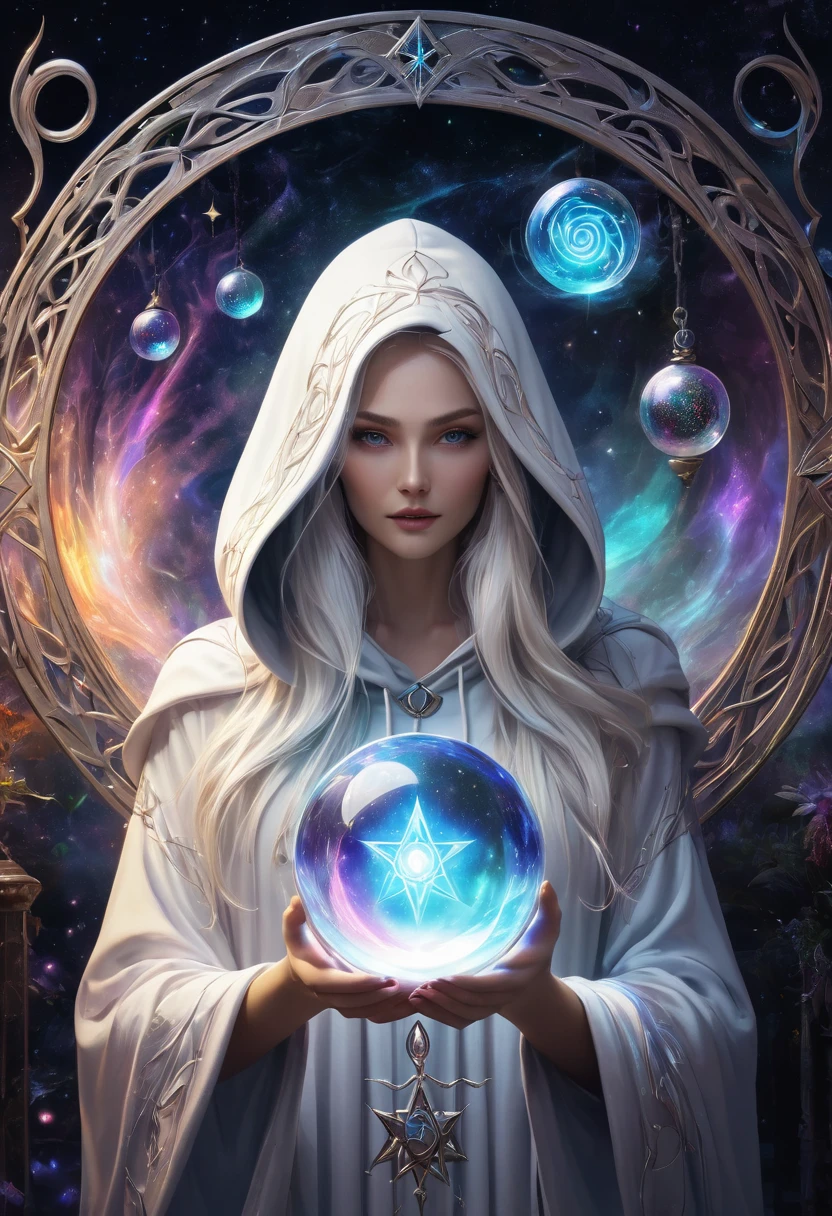 
               The runes in the mysterious rune magic circle exude a mysterious light，Fascinating and curious. 

                  A beautiful astrologer with long and flowing white hair. A beautiful astrologer wearing a white luminous hoodie holding a luminous crystal ball.(There is a star-shaped totem inside the crystal ball)Close-up of man standing in magic circle casting spell. ethereal,

                     Intricate Fantasy Art Vibrant Surrealism, magic energy, High dynamic range, Dark magic swirl pattern, 

                       Mystical Art of Illusion, Extremely detailed dream scenes, Immerse yourself in a magical world, Super detailed art、Delicate and beautiful、

                              masterpiece、Premium content is very detailed、Dynamic angles and elegant atmosphere Perfect composition Intricate details Meticulous digital art