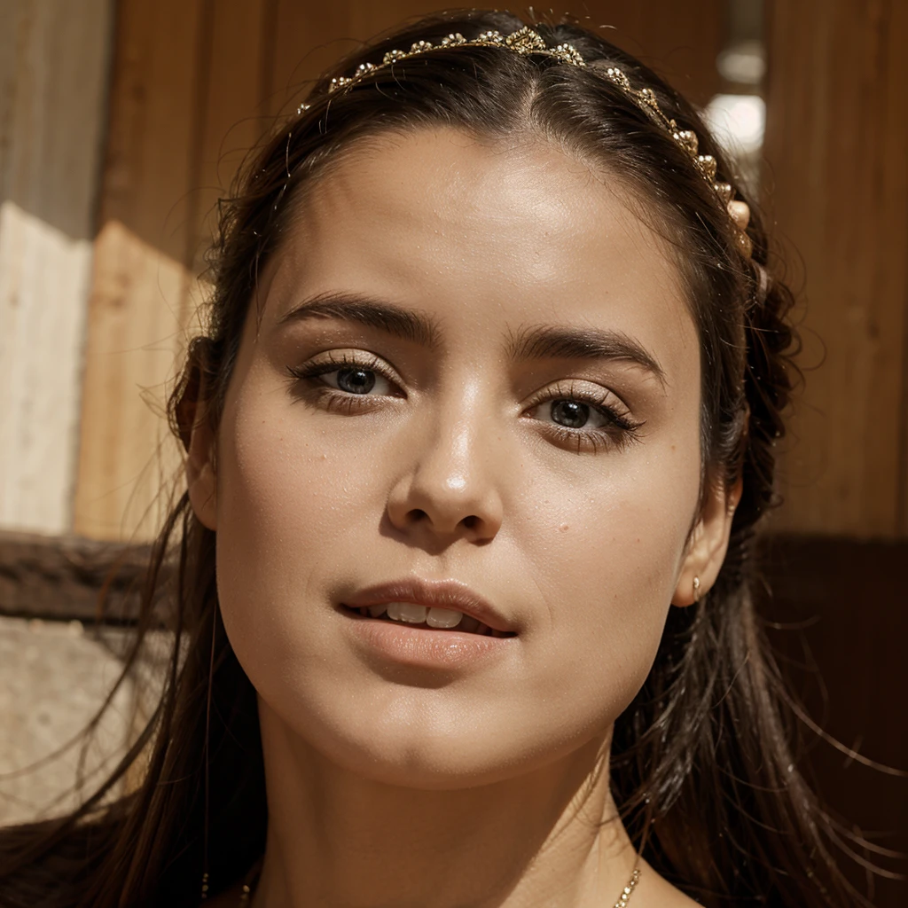 Mujer europea, Mujer con collar en forma de alas, sonriente, cabello rizado, ojos azules, rusa, rubia, en la patio, rayos de sol hermosa, 20 years, Winking, aretes grandes, topknot, colitas dobles, Light brown hair, manos tocando sus labios, labios rojos carnosos, piel clara, cejas suaves, lunar cerca a la boca.