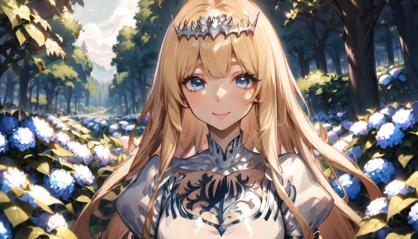 sunny, Surrounded by hydrangeas, masterpiece,, smile, 1girl,solo, calca, blonde hair, ,( extremely long hair:1.3), very long hair, extra long hair, white tiara, white dress, blue eyes,Calca Bessarez, medium breast,Calca, outdoor, beautiful forest, close up, upper body