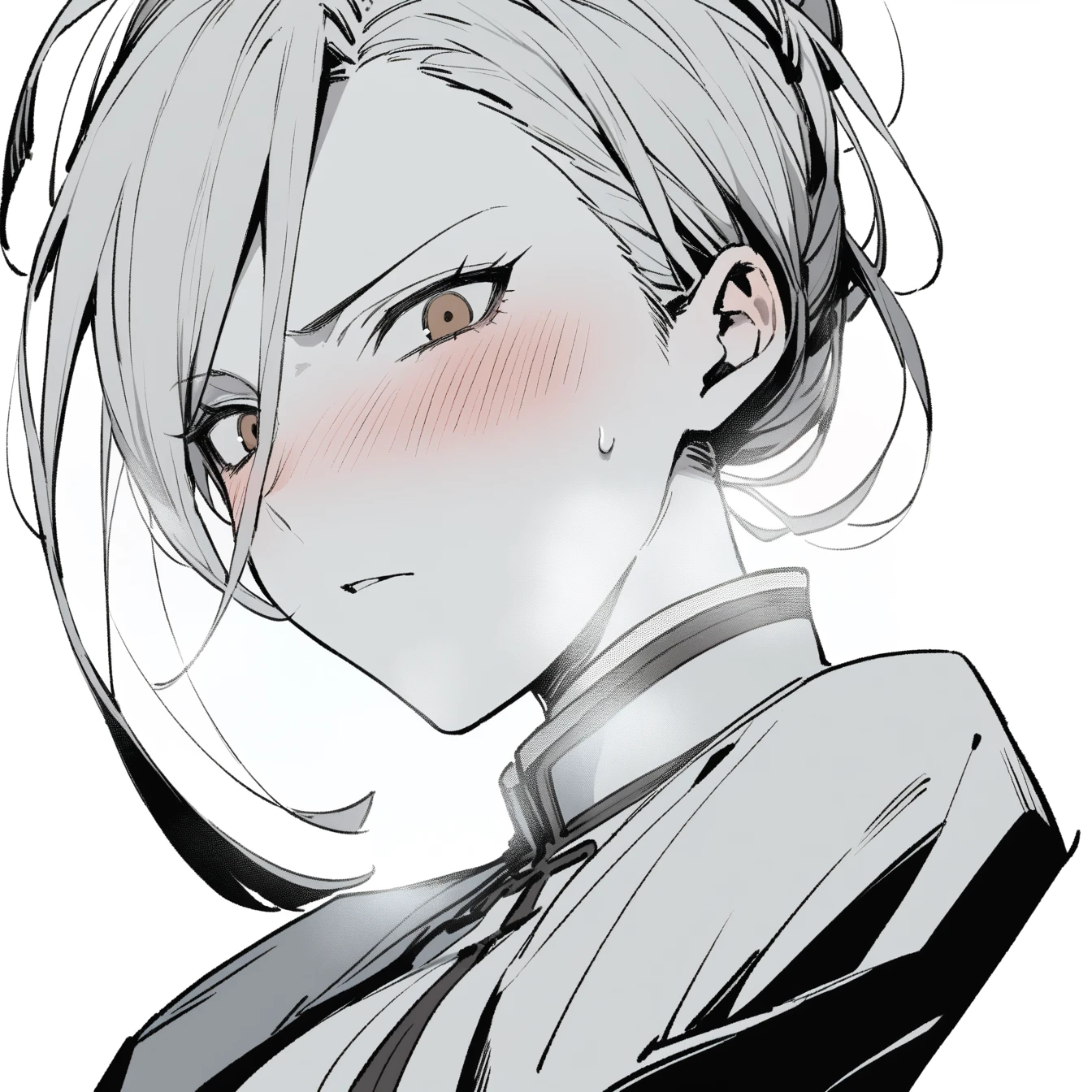 1boy, Powerful \(sousou no freezing\), sousou no freezing,Solitary, Viewers, Pure white background,blush, Brown eyes,breathe, avatar,Half Body,Comic style without color,angle, masterpiece, best quality,Chinese style clothing,Black, white and gray