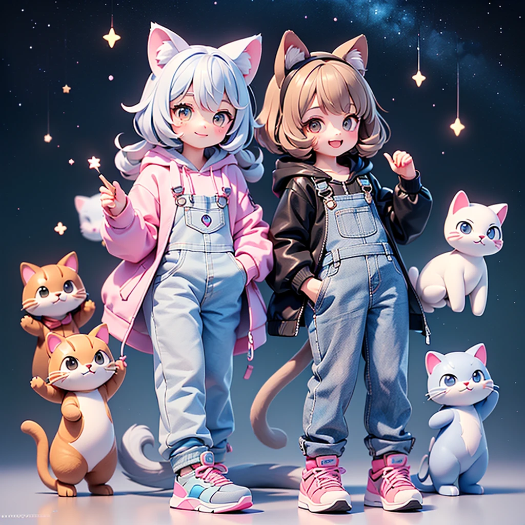 ((Highest quality,masterpiece,Q-version full body portrait of a brown-eyed mature beauty,Smile slightly,gray blue cat ears,Air bangs,Blue gray super long hair tail curls,Gray pink underwear,Light blue denim gray hooded jacket,Black and gray overalls wide trousers,Pink and white sneakers,and a cute light brown bantam cat)),Starry sky background
