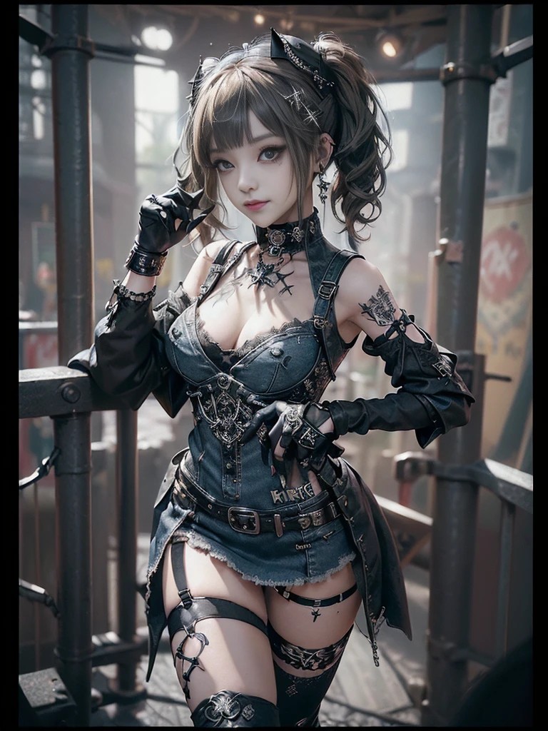 (Smiling with teeth showing:1.3),(Shibuya Gal:1.5)、(Prostitute:1.3)、(Gothic ta style fashion:1.5)、(Punk RockVisual Kei:1.4)、(Denim and black and white medieval noble mini skirt dress:1.5)、(Denim with black and white medieval gloves and bustier:1.5)、(Denim high heels:1.3)、(Wearing silver accessories:1.5)、(Denim collar:1.4)、(Black Leather Garter Belt:1.4)、(Brown Skin Belt:1.3)、(Black lace underwear:1.5)、20-year-old、NSFW、((Highest quality、In 8K、masterpiece:1.3))、Sharp focus:1.2、(Layered Cut、Huge boobs:1.1),Beautiful woman with perfect figure:1.4、(Dancing vigorously:1.3)、Slender Abs:1.2、Highly detailed face and skin texture、Detailed eyes、double eyelid,(Twin tails:1.3)、(Brown-golden hair:1.3)、Gravure idol、(The background is the Takarazuka Revue stage.:1.3)、(Slim body:1.2),(Make your legs thinner:1.4),(clavicle:1.1)