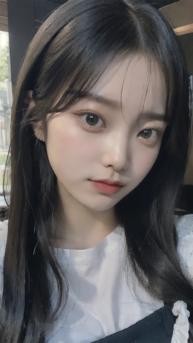 Portrait of a young East Asian girl in a navy blue and white sailor-style . She has long black hair styled in two braids, with straight bangs across her forehead. The girl has large, dark eyes and a small, delicate nose. Her expression is neutral, looking directly at the camera. The background shows a dark blue wooden wall with some green ivy or vine leaves visible to the side. The lighting is soft and natural, creating a slightly moody atmosphere. High-resolution image with sharp focus on the face